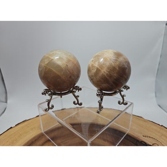 Peach Moonstone Spheres 1 Pair 55mm Each W/Stands - Picture 2 of 11
